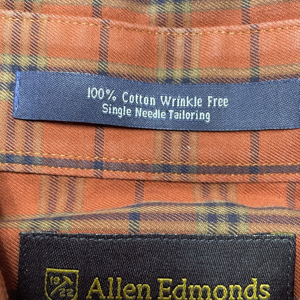 Allen Edmonds Orange Blue Green Plaid 100% Cotton No-Iron Button Down Shirt Sz L - Picture 4 of 5